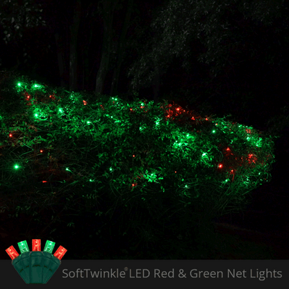 Red and Green 70 LED 5mm SoftTwinkle Christmas net lights on green wire