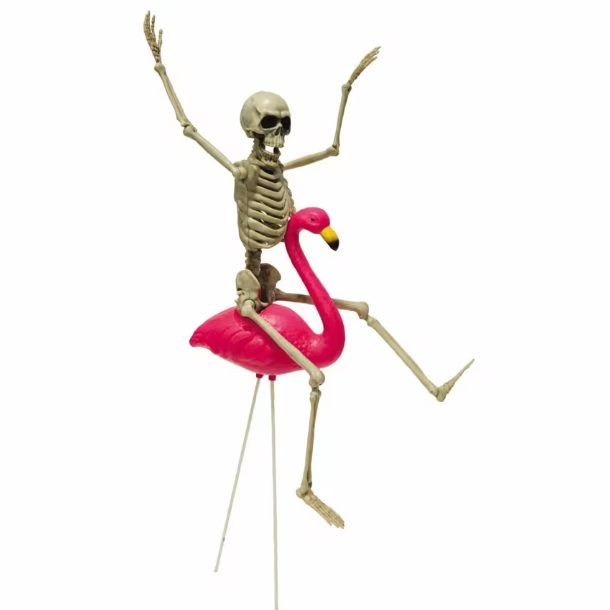 Set of 2 Skeletons Riding Flamingos Outdoor Yard Stakes