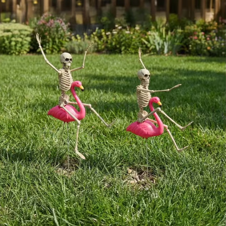 Set of 2 Skeletons Riding Flamingos Outdoor Yard Stakes