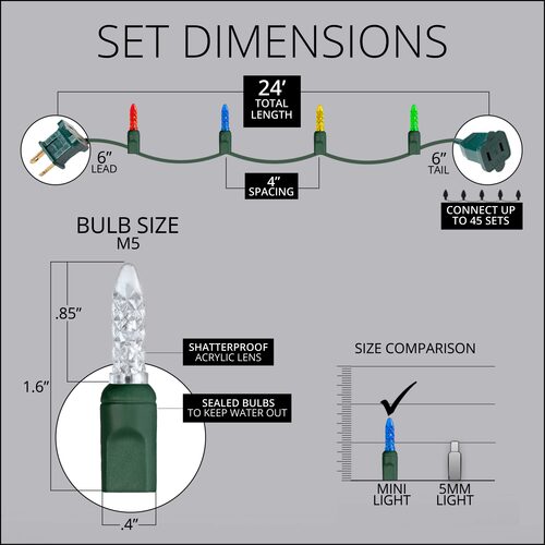 70 LED M5 Christmas string light dimensions with 4 inch bulb spacing