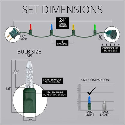 70 LED M5 Christmas string light dimensions with 4 inch bulb spacing