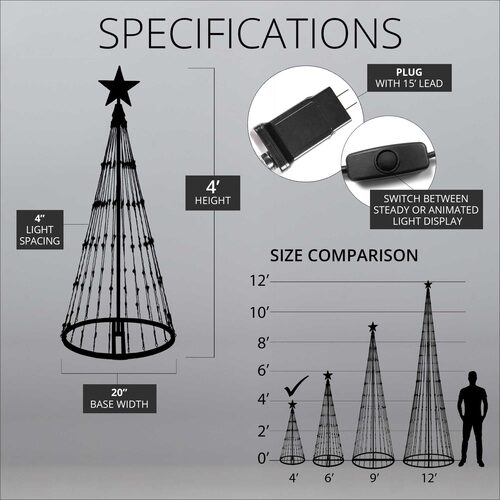 Wintergreen Lighting LED Christmas light show tree specifications diagram showing frame, power adapter and size comparison.