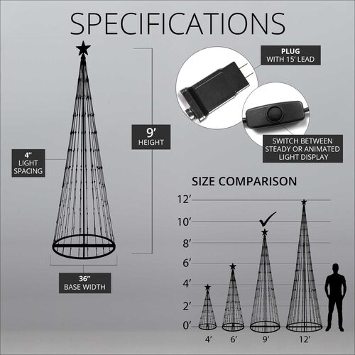 Wintergreen Lighting animated LED Christmas light show tree specifications showing black frame, power adapter and size comparison.
