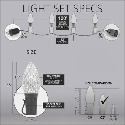 Light set specifications and size diagram for a 100-light C7 Christmas string light set, showing bulb shape, socket clip, 6-inch leads, spacing, and a size comparison with C9 and mini light bulbs on a gray background.