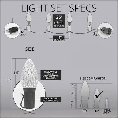 Light set specifications and size diagram showing a 25-light C7 bulb set with dimensions, lead/tail lengths, socket clip details, and a size comparison with C9 and mini light bulbs on a gray background.