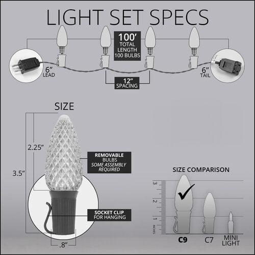C9 OptiCore LED Christmas light set size, bulb and wire specifications