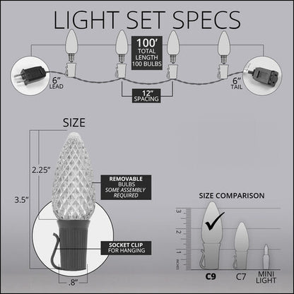 C9 OptiCore LED Christmas light set size, bulb and wire specifications