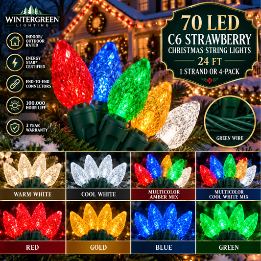 70 LED C6 Strawberry Christmas string lights, 24 ft green wire, shown in warm white, cool white, multicolor, red, gold, blue and green