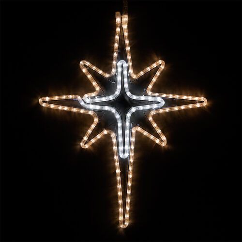 Wintergreen Lighting 28-inch Bethlehem Star with 149 steady LEDs, warm white star outline and cool white illuminated cross center.