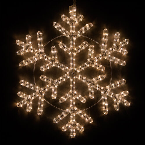 Wintergreen Lighting 24-inch 42-point warm white LED snowflake with 314 steady lights, six branching arms and a circular metal frame.