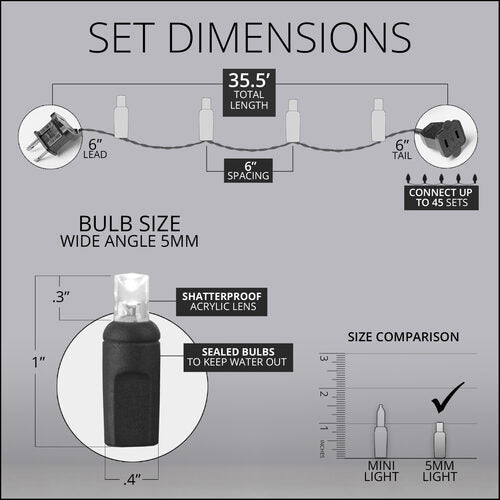 Dimensions and 4 inch bulb spacing for 70 LED 5mm wide angle Christmas string lights