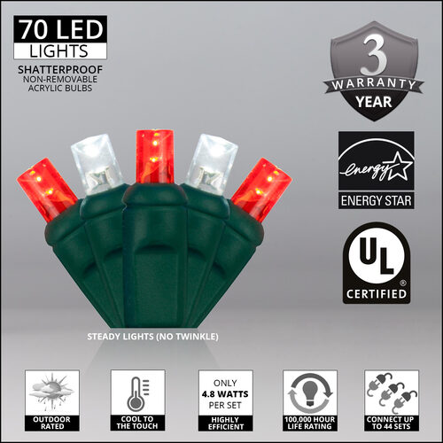70 LED 5mm wide angle red and white  Christmas string lights on green wire