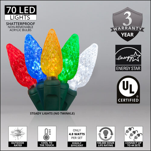 70 C6 Strawberry LED Christmas lights product specifications and 3-year warranty