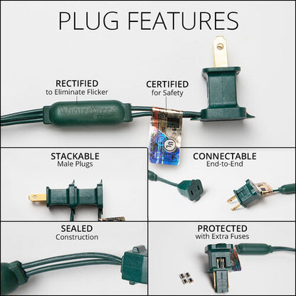 Plug and end-to-end connection features for 70 LED Christmas string lights