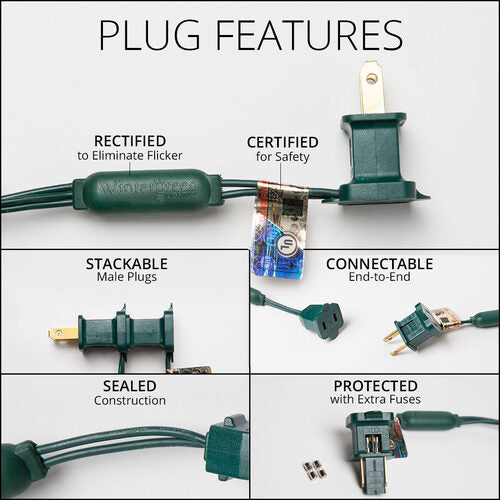 Close-up of green wire and stackable plug features on Wintergreen SoftTwinkle lights